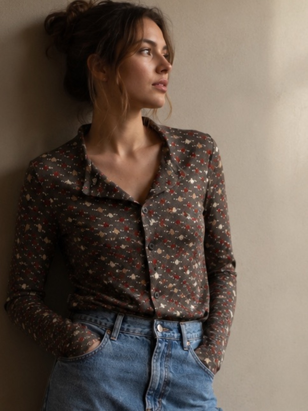 Vintage Eva For Robert Janan Italian Novelty Print Button Front Blouse